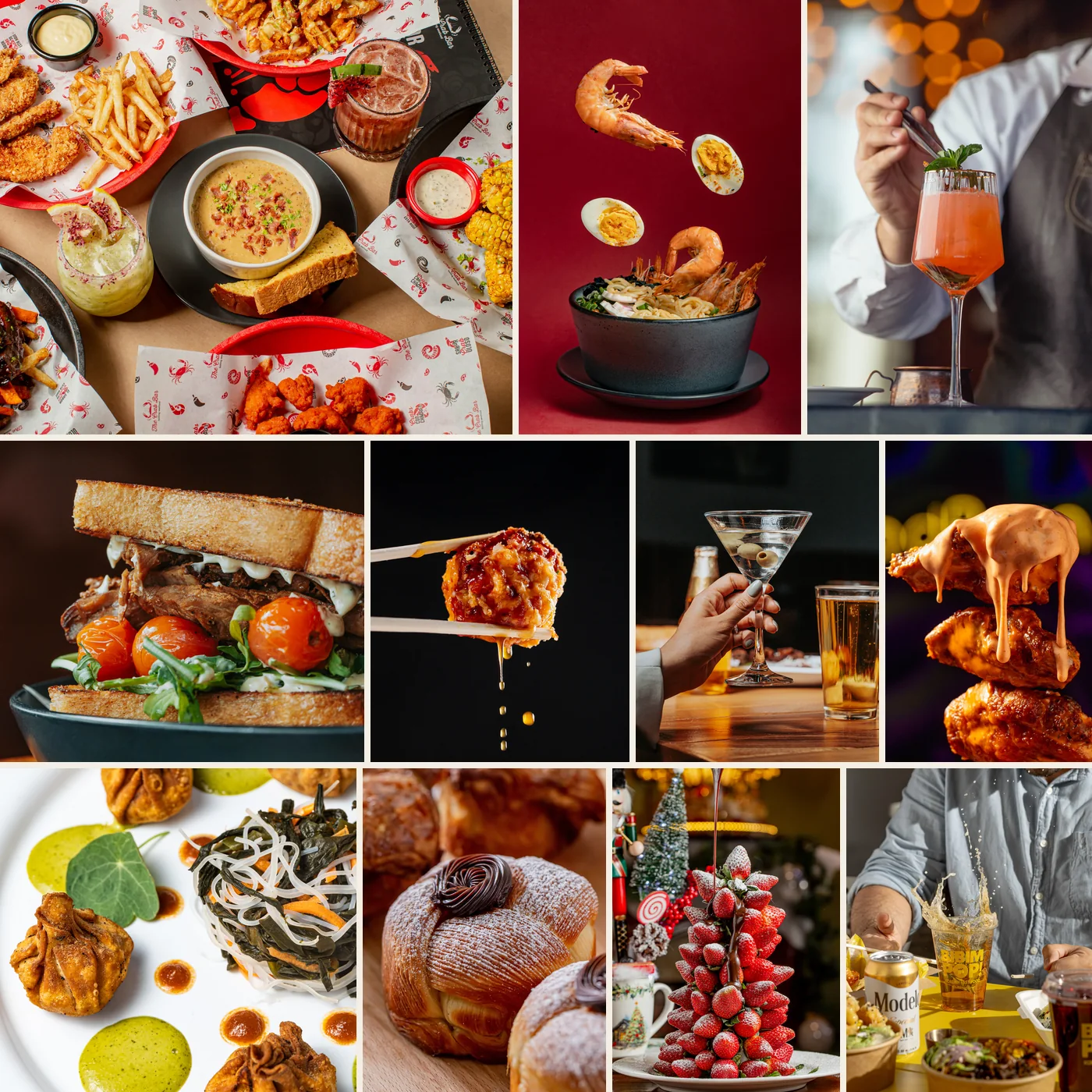 Collage de fotografía gastronómica y bebidas para restaurantes
